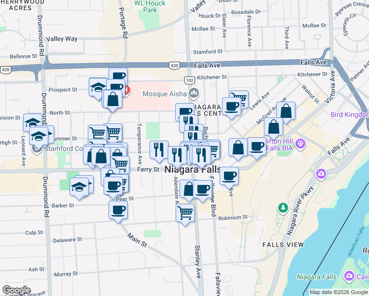 map of restaurants, bars, coffee shops, grocery stores, and more near 5532 Spring Street in Niagara Falls