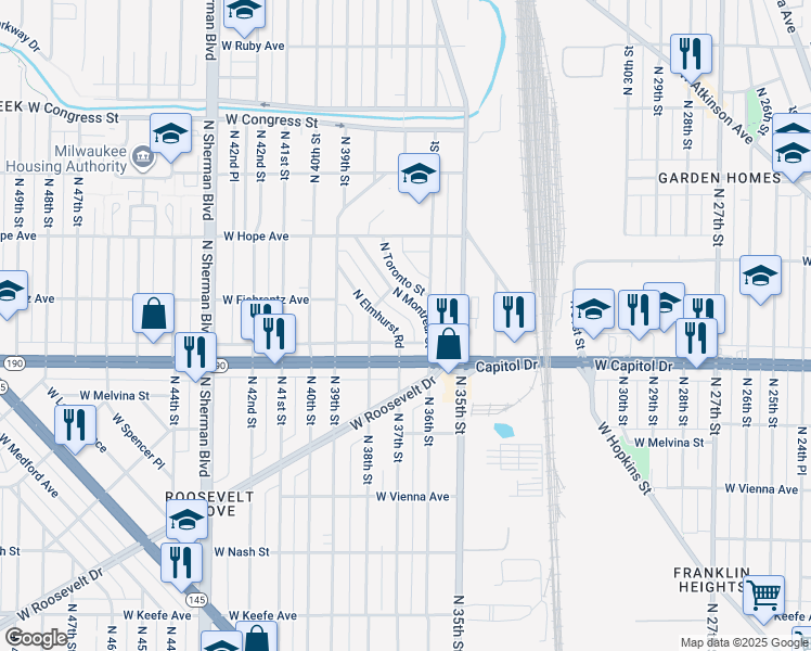 map of restaurants, bars, coffee shops, grocery stores, and more near 4029 North Elmhurst Road in Milwaukee