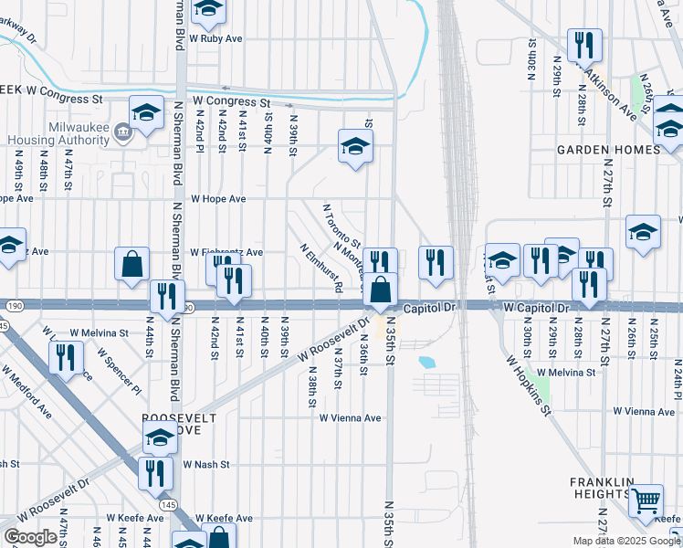 map of restaurants, bars, coffee shops, grocery stores, and more near 4029 North Elmhurst Road in Milwaukee