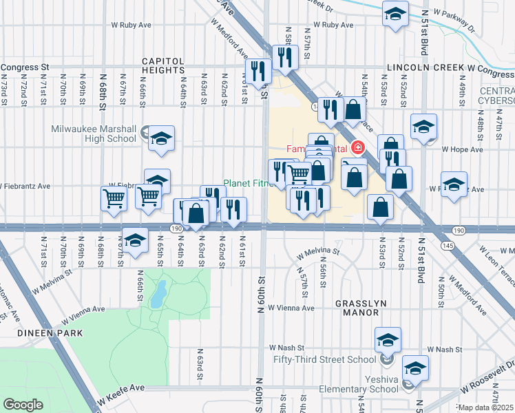 map of restaurants, bars, coffee shops, grocery stores, and more near 4001 North 60th Street in Milwaukee