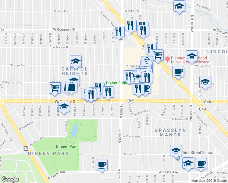 map of restaurants, bars, coffee shops, grocery stores, and more near 4021 North 61st Street in Milwaukee