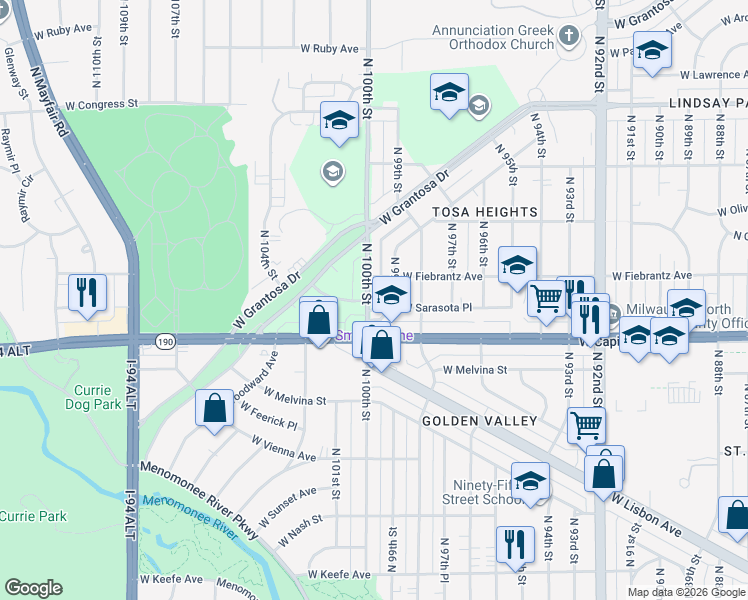map of restaurants, bars, coffee shops, grocery stores, and more near 10001 West Fiebrantz Avenue in Milwaukee