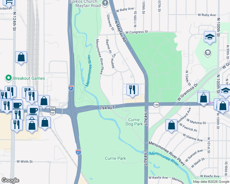 map of restaurants, bars, coffee shops, grocery stores, and more near 4035 North 110th Street in Wauwatosa