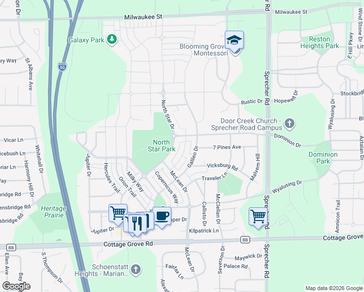map of restaurants, bars, coffee shops, grocery stores, and more near 525 Pluto Street in Madison