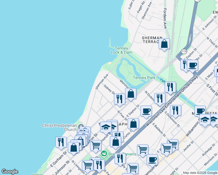 map of restaurants, bars, coffee shops, grocery stores, and more near 451 North Few Street in Madison