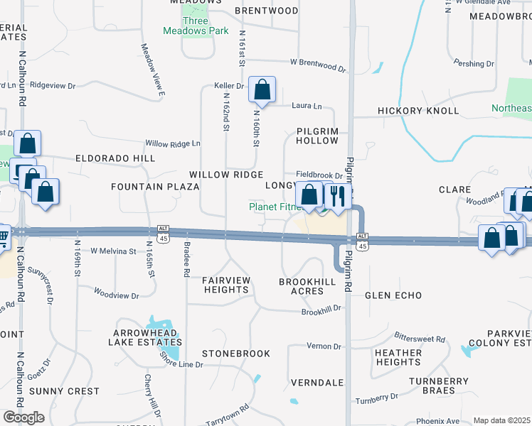 map of restaurants, bars, coffee shops, grocery stores, and more near 16010 Washington Drive in Brookfield