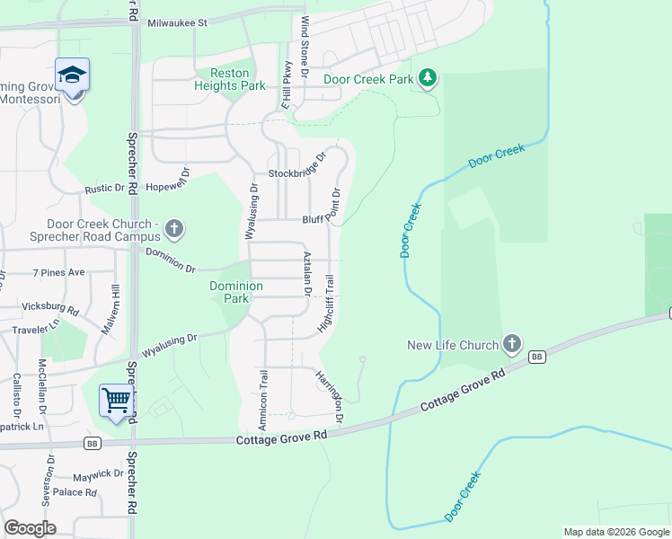 map of restaurants, bars, coffee shops, grocery stores, and more near 614 Highcliff Trail in Madison