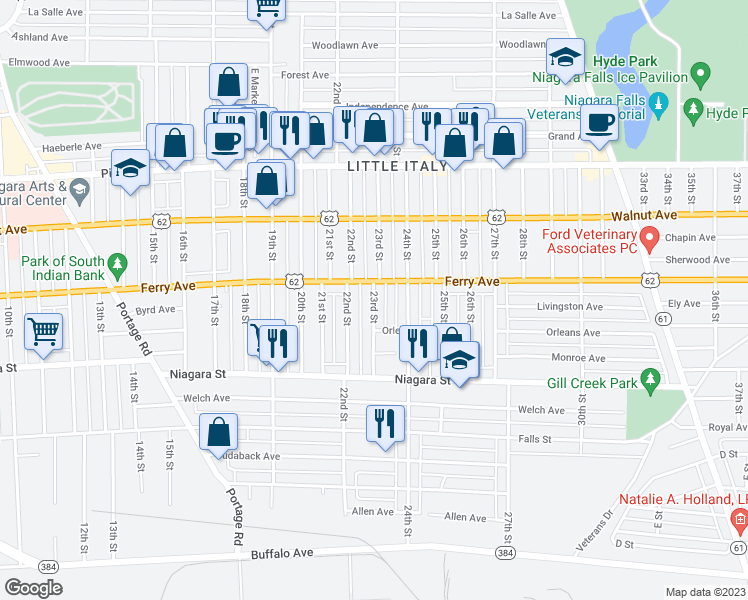 map of restaurants, bars, coffee shops, grocery stores, and more near 481 23rd Street in Niagara Falls