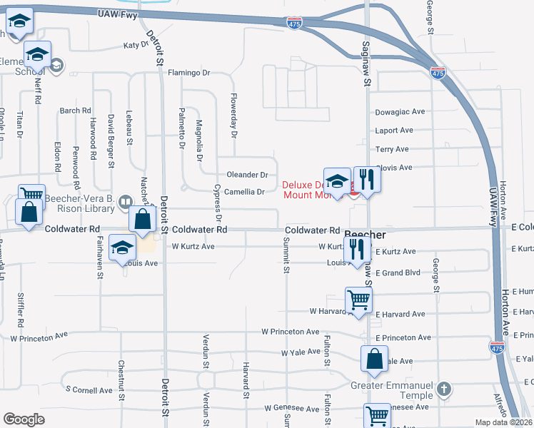 map of restaurants, bars, coffee shops, grocery stores, and more near 1156 Coldwater Road in Flint