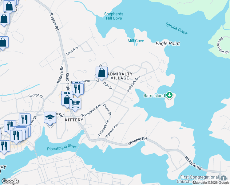 map of restaurants, bars, coffee shops, grocery stores, and more near 50 Woodlawn Avenue in Kittery