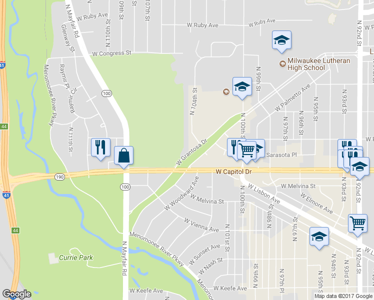 map of restaurants, bars, coffee shops, grocery stores, and more near 10440 West Grantosa Drive in Wauwatosa