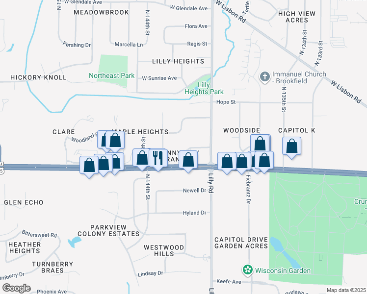 map of restaurants, bars, coffee shops, grocery stores, and more near 14220 West Ranch Road in Brookfield