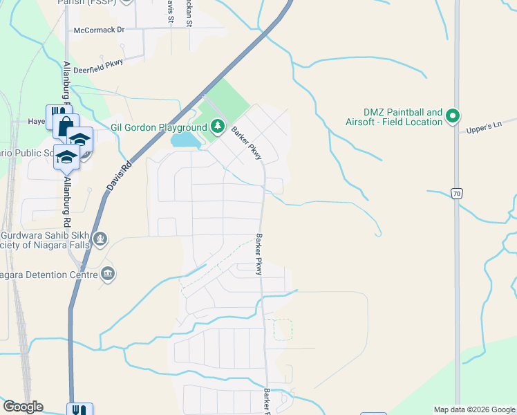 map of restaurants, bars, coffee shops, grocery stores, and more near 65 Sparkle Drive in Thorold