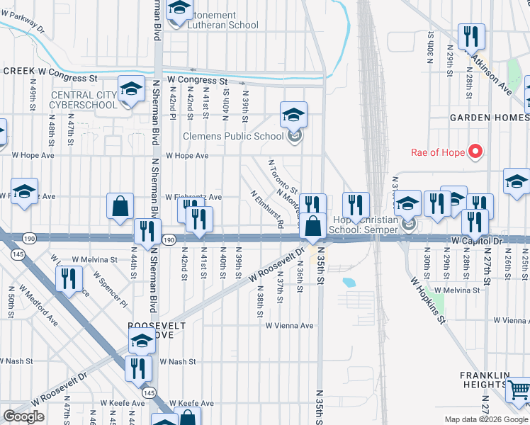 map of restaurants, bars, coffee shops, grocery stores, and more near 4029 North Elmhurst Road in Milwaukee