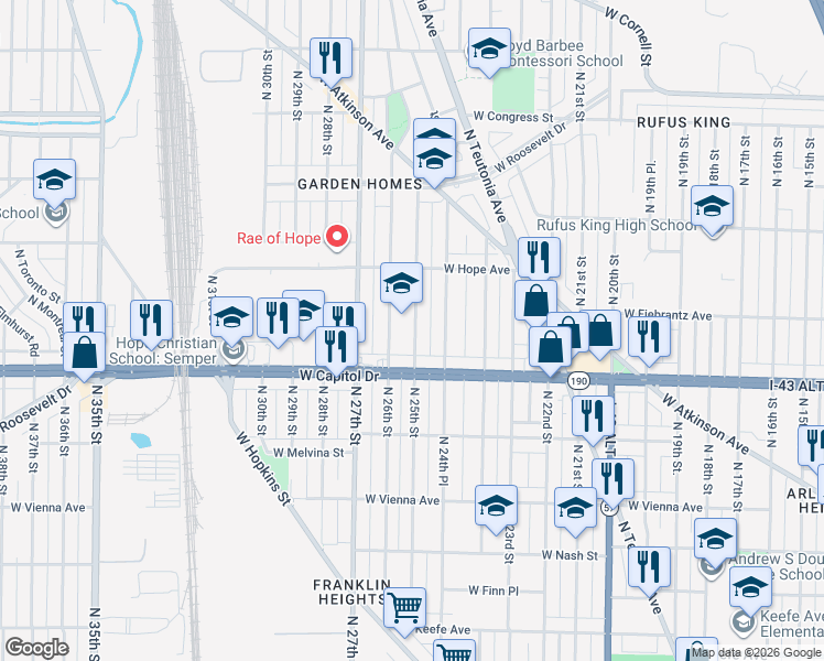 map of restaurants, bars, coffee shops, grocery stores, and more near 4051 North 25th Street in Milwaukee