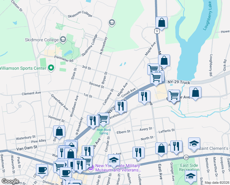 map of restaurants, bars, coffee shops, grocery stores, and more near 232 Maple Avenue in Saratoga Springs