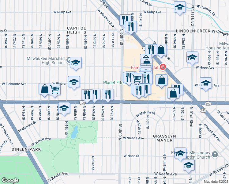 map of restaurants, bars, coffee shops, grocery stores, and more near 4021 North 61st Street in Milwaukee