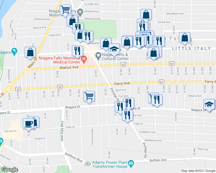 map of restaurants, bars, coffee shops, grocery stores, and more near 498 Portage Road in Niagara Falls