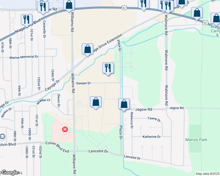 map of restaurants, bars, coffee shops, grocery stores, and more near 2132 Sawyer Drive in Niagara Falls