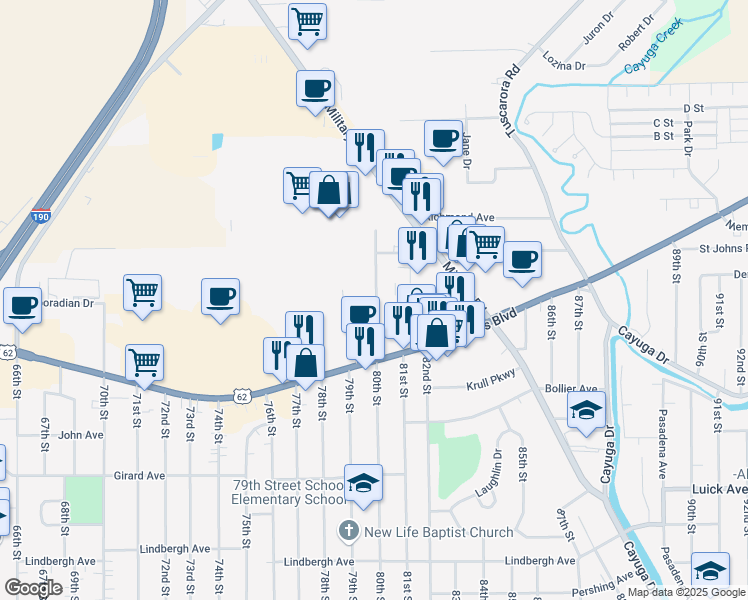 map of restaurants, bars, coffee shops, grocery stores, and more near 820 80th Street in Niagara Falls