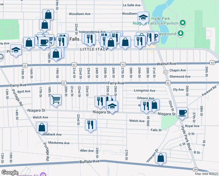 map of restaurants, bars, coffee shops, grocery stores, and more near 466 25th Street in Niagara Falls