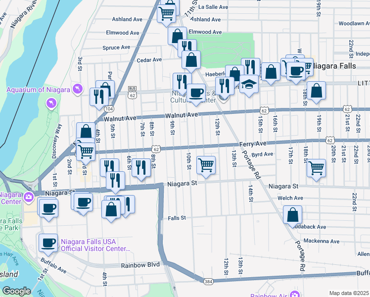 map of restaurants, bars, coffee shops, grocery stores, and more near 457 10th Street in Niagara Falls