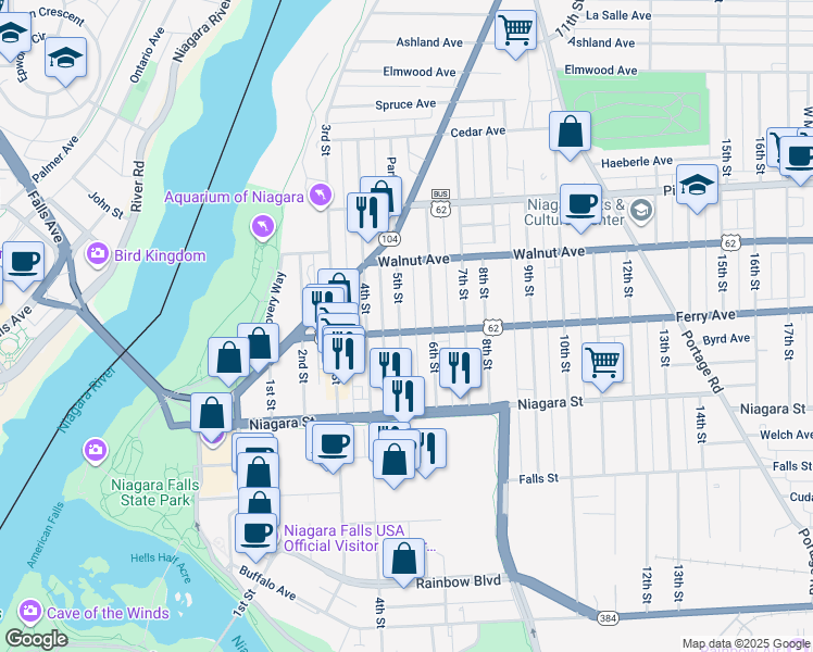 map of restaurants, bars, coffee shops, grocery stores, and more near 466 1/2 6th Street in Niagara Falls