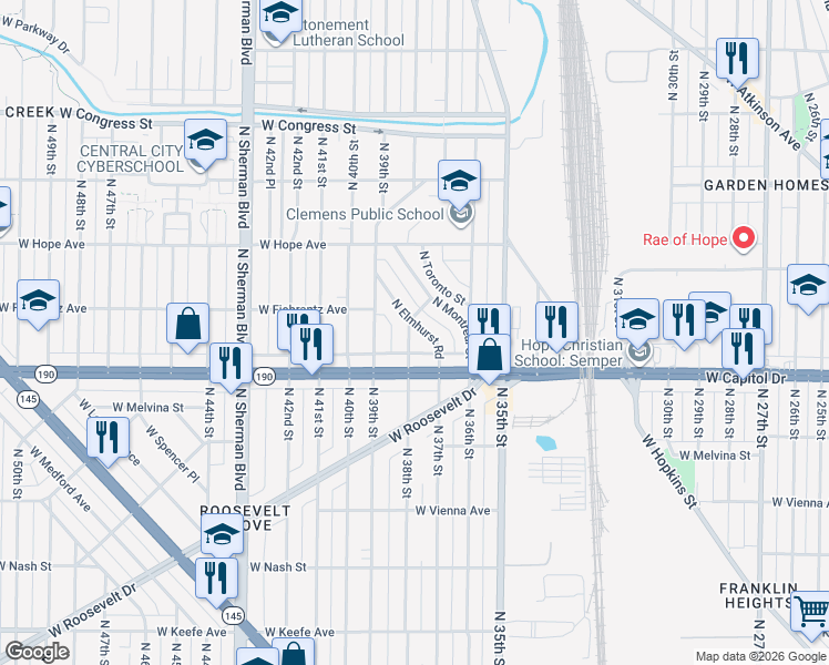 map of restaurants, bars, coffee shops, grocery stores, and more near 4029 North Elmhurst Road in Milwaukee