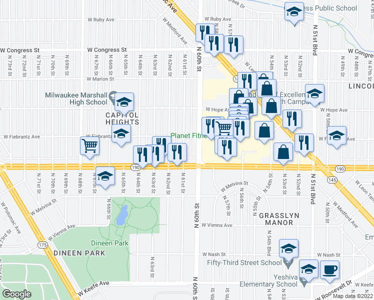 map of restaurants, bars, coffee shops, grocery stores, and more near 4021 North 61st Street in Milwaukee