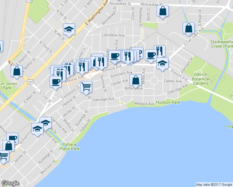 map of restaurants, bars, coffee shops, grocery stores, and more near 2225 Oakridge Avenue in Madison