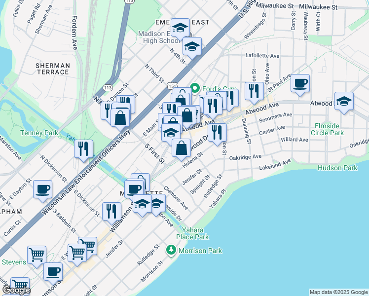 map of restaurants, bars, coffee shops, grocery stores, and more near 342 Russell Street in Madison