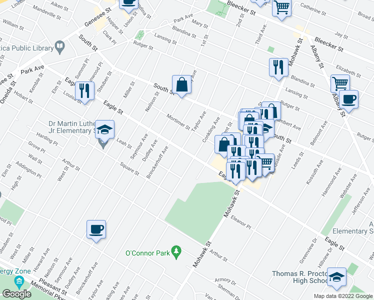 map of restaurants, bars, coffee shops, grocery stores, and more near 501 Eagle Street in Utica