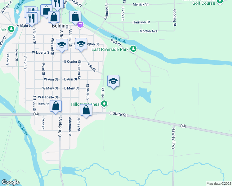 map of restaurants, bars, coffee shops, grocery stores, and more near 850 Hall Street in Belding