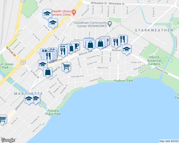map of restaurants, bars, coffee shops, grocery stores, and more near 2309 Willard Avenue in Madison