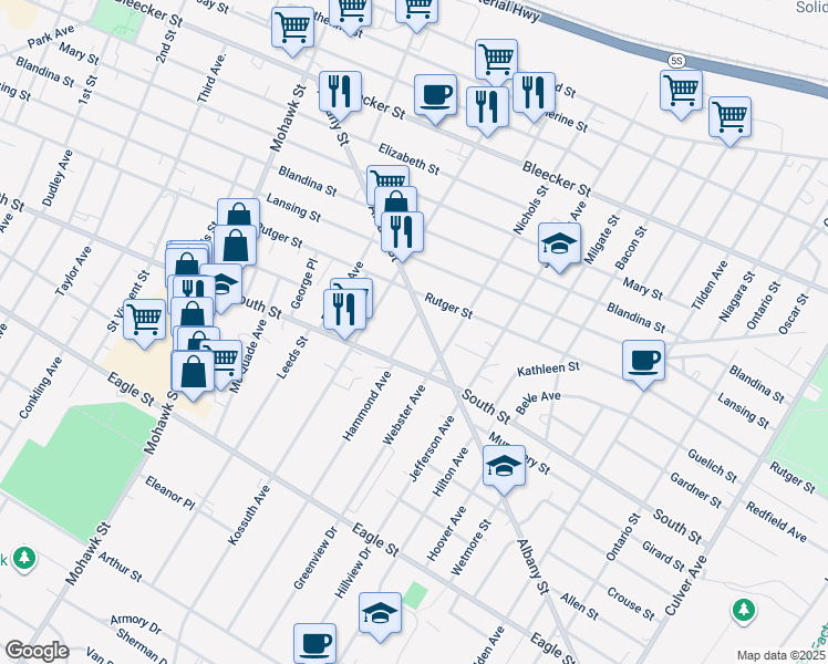 map of restaurants, bars, coffee shops, grocery stores, and more near 1009 Mason Street in Utica