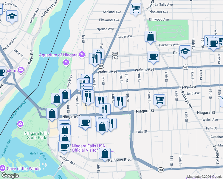 map of restaurants, bars, coffee shops, grocery stores, and more near 528 Ferry Avenue in Niagara Falls