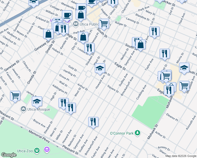 map of restaurants, bars, coffee shops, grocery stores, and more near 211 Square Street in Utica