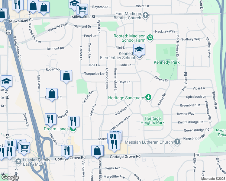 map of restaurants, bars, coffee shops, grocery stores, and more near 502 Hummingbird Lane in Madison