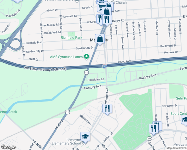 map of restaurants, bars, coffee shops, grocery stores, and more near 111 Brookline Road in Syracuse