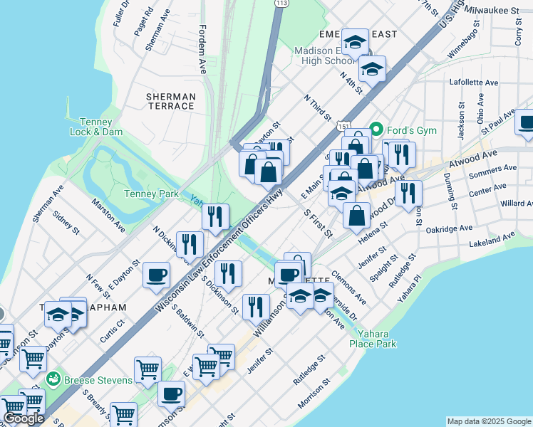 map of restaurants, bars, coffee shops, grocery stores, and more near 1855 East Main Street in Madison