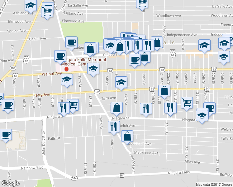 map of restaurants, bars, coffee shops, grocery stores, and more near 479 16th Street in Niagara Falls