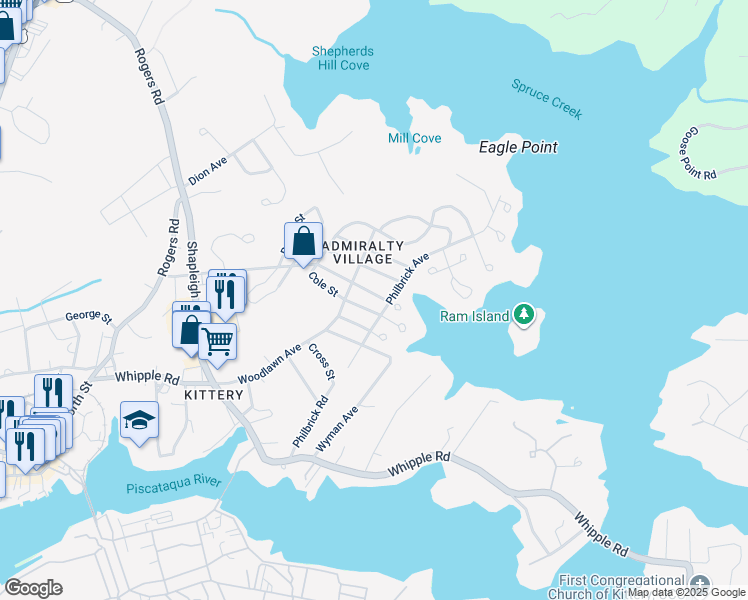map of restaurants, bars, coffee shops, grocery stores, and more near 53 Philbrick Avenue in Kittery