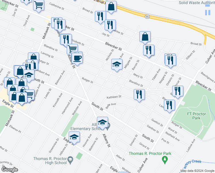 map of restaurants, bars, coffee shops, grocery stores, and more near 1005 Jefferson Avenue in Utica