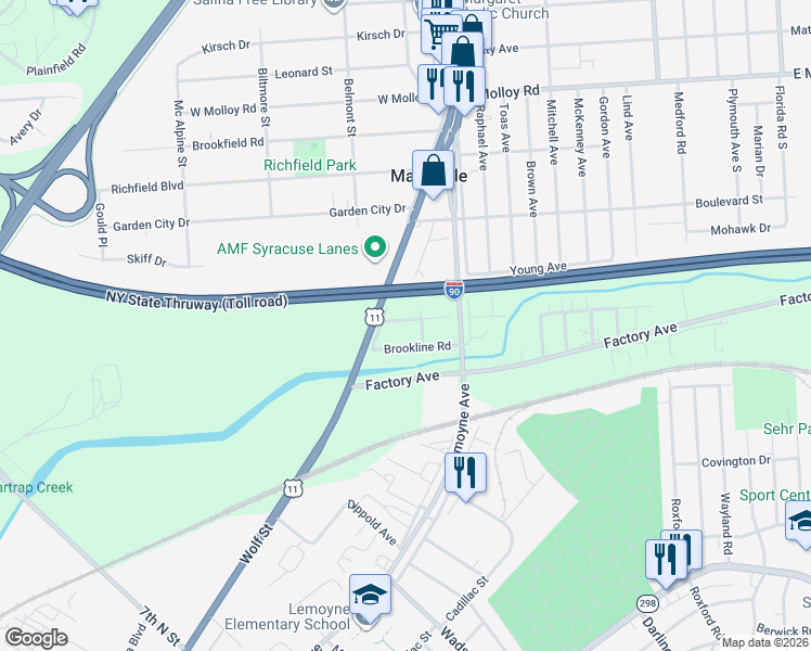 map of restaurants, bars, coffee shops, grocery stores, and more near 111 Brookline Road in Syracuse