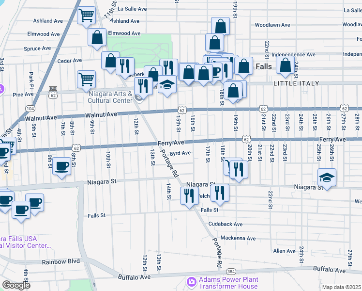 map of restaurants, bars, coffee shops, grocery stores, and more near 1421 Byrd Avenue in Niagara Falls