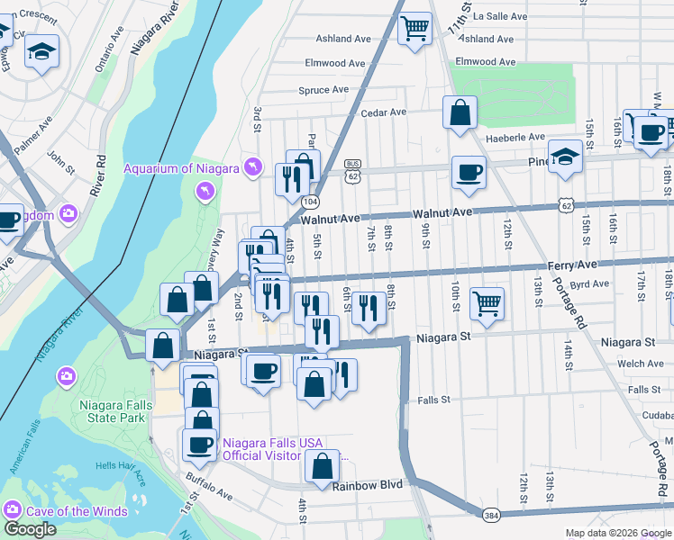 map of restaurants, bars, coffee shops, grocery stores, and more near 466 1/2 6th Street in Niagara Falls