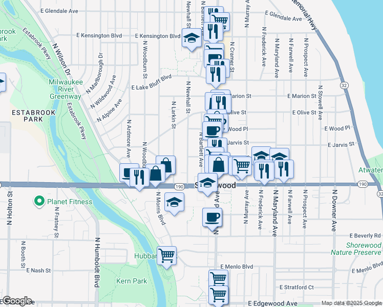 map of restaurants, bars, coffee shops, grocery stores, and more near 4040 North Newhall Street in Shorewood