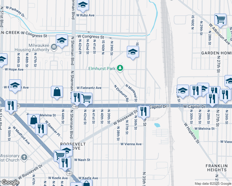 map of restaurants, bars, coffee shops, grocery stores, and more near 4026 North 39th Street in Milwaukee