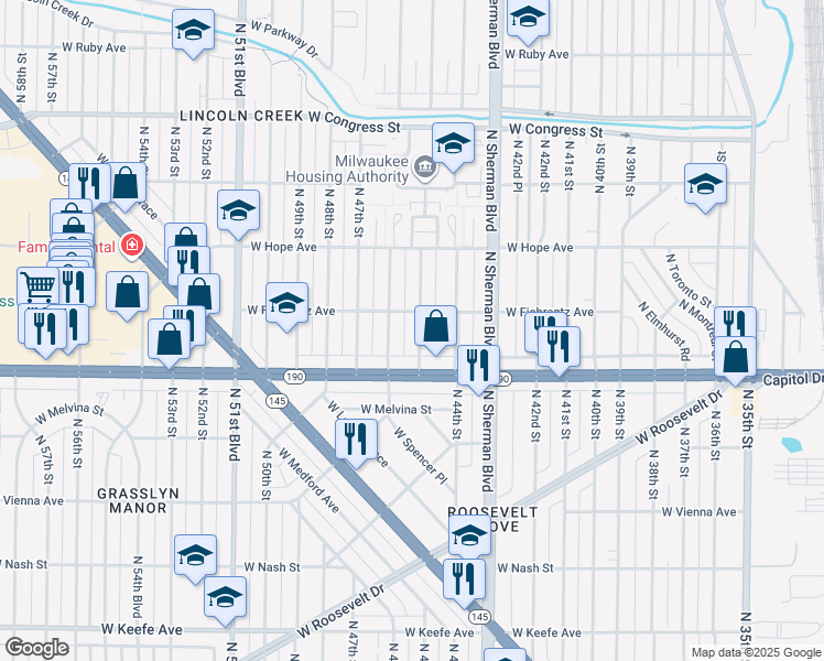 map of restaurants, bars, coffee shops, grocery stores, and more near 4022 North 46th Street in Milwaukee