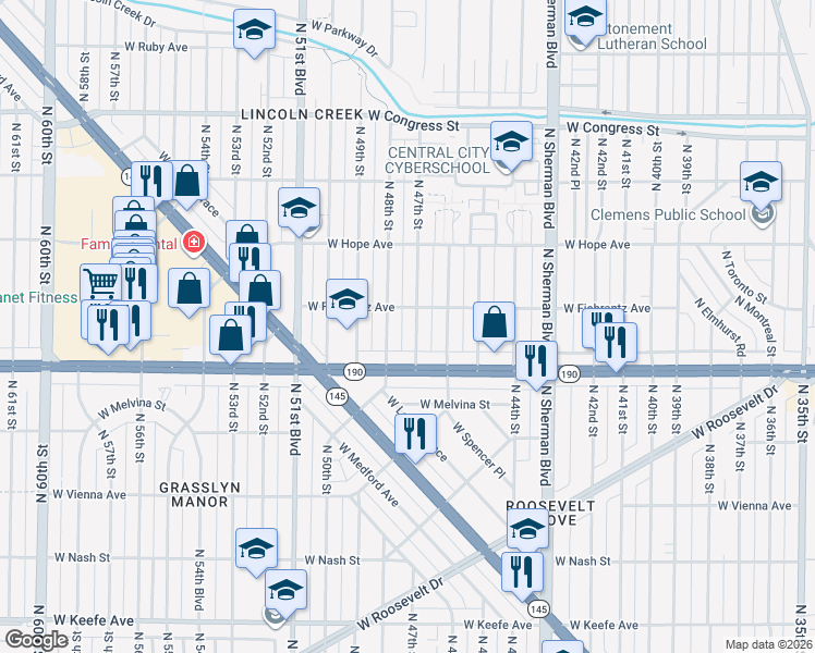 map of restaurants, bars, coffee shops, grocery stores, and more near 4022 North 47th Street in Milwaukee
